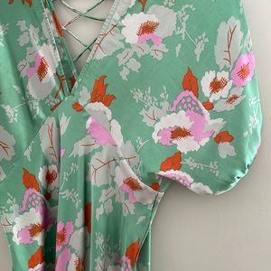 ASOS DEAIGN PUFF SLEEVE SATIN MAXI TEA DRESS IN GREEN FLORAL